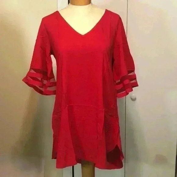 Red Swimsuit Cover Up 3/4 Bell Sleeve Beachwear V-Neck Bikini Beach size small - Picture 2 of 7